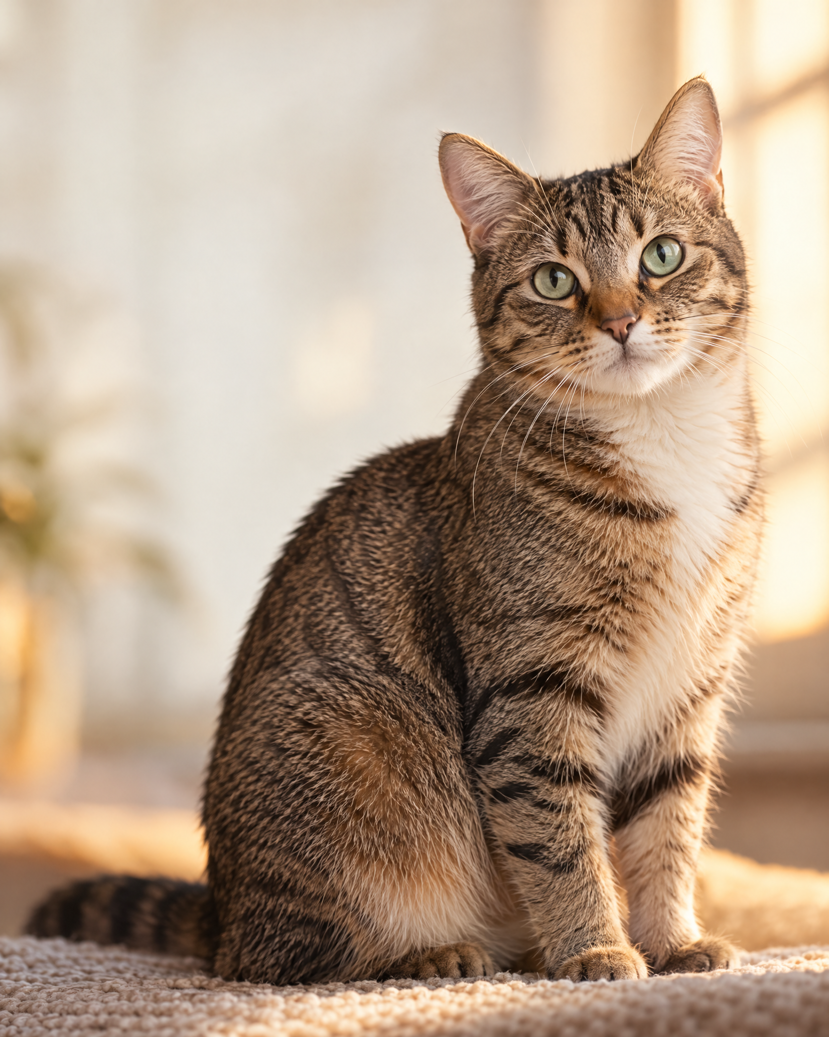 An alert adult tabby cat sitting in warm window light